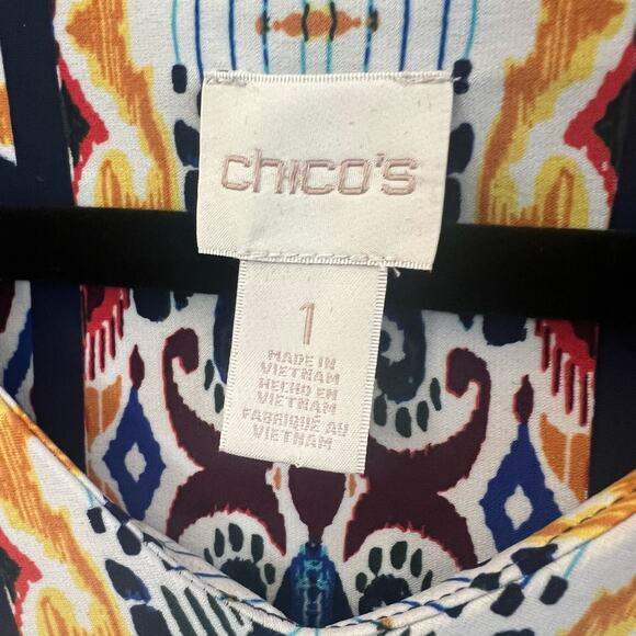 Chico’s Vibrant Fall Print Pullover Ikat Medallion Dress with Tie Sleeves Size 1 - Picture 9 of 12